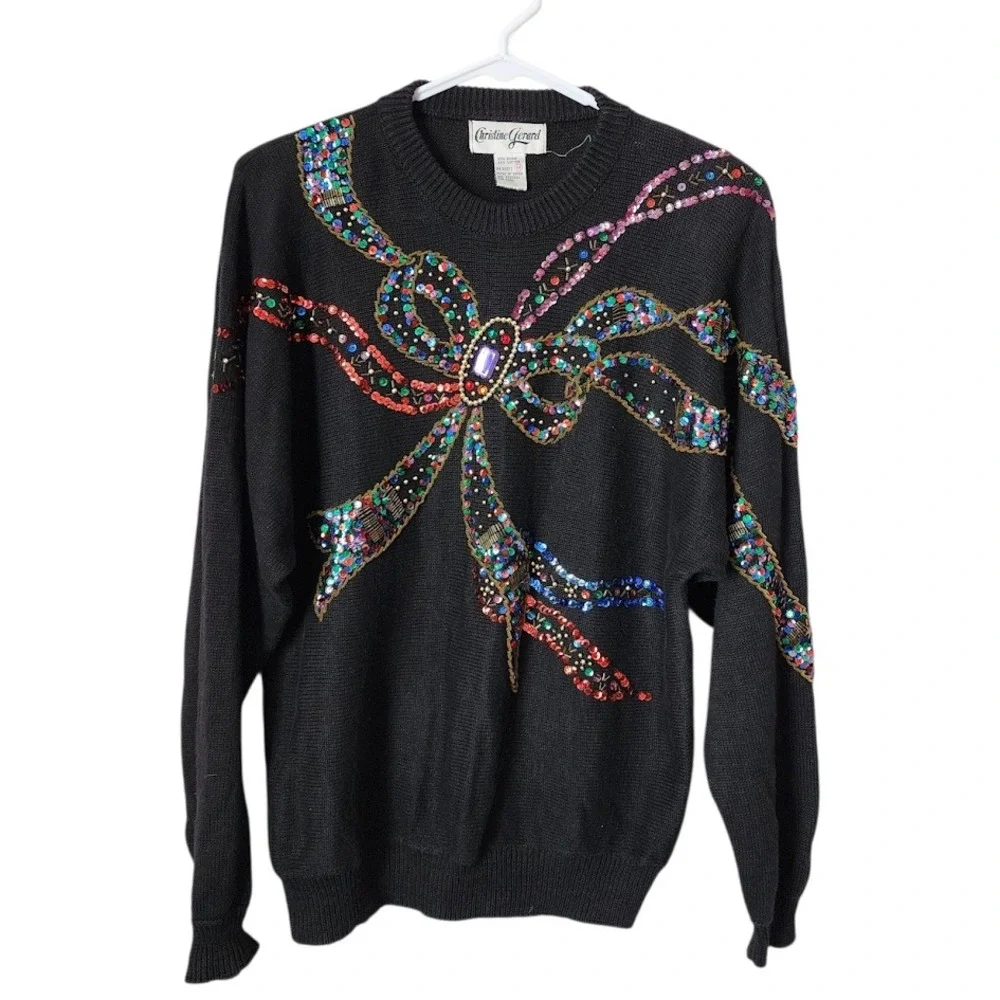CHRISTINE GERARD 80s Glam Sequin Bow Jewel Sweater Holiday Party in‎ Black M